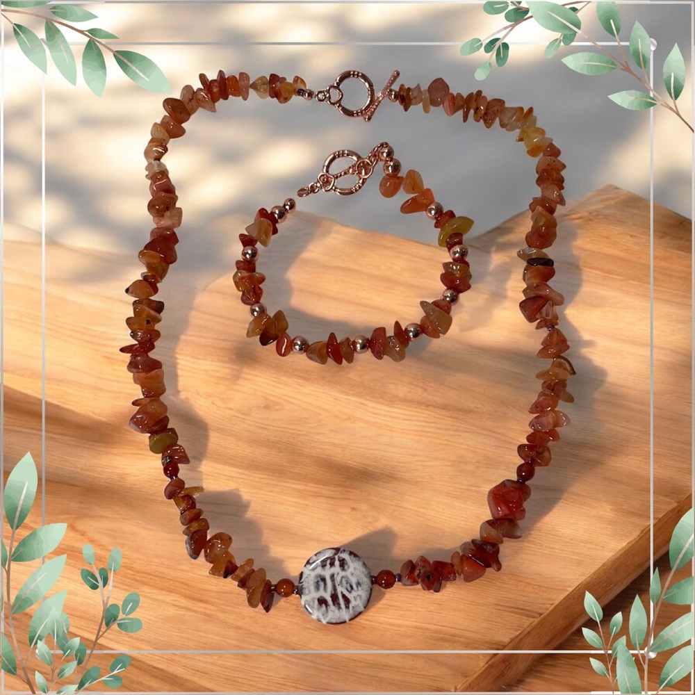 Elegant Carnelian Stone and copper beaded Necklace and Bracelet Set